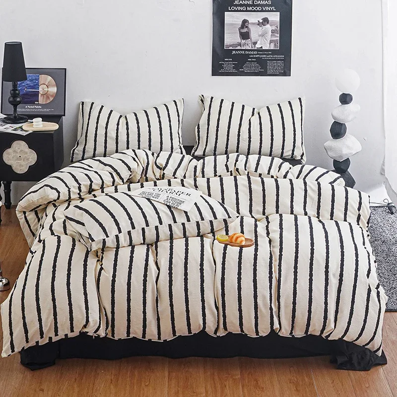 Black White Striped Duvet Cover Set Soft Seersucker Queen Bedding Set Breathable Skin Friendly Quilt Cover Bed Sheet Pillowcases