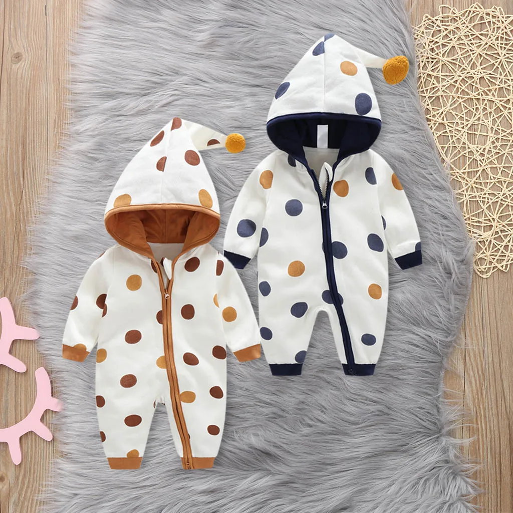 

2024 Infant Baby Boys Girls Print Romper Newborn Cotton Fleece Hooded Jumpsuit Toddler Warm Cute Bodysuit Costume For 1-2 Months