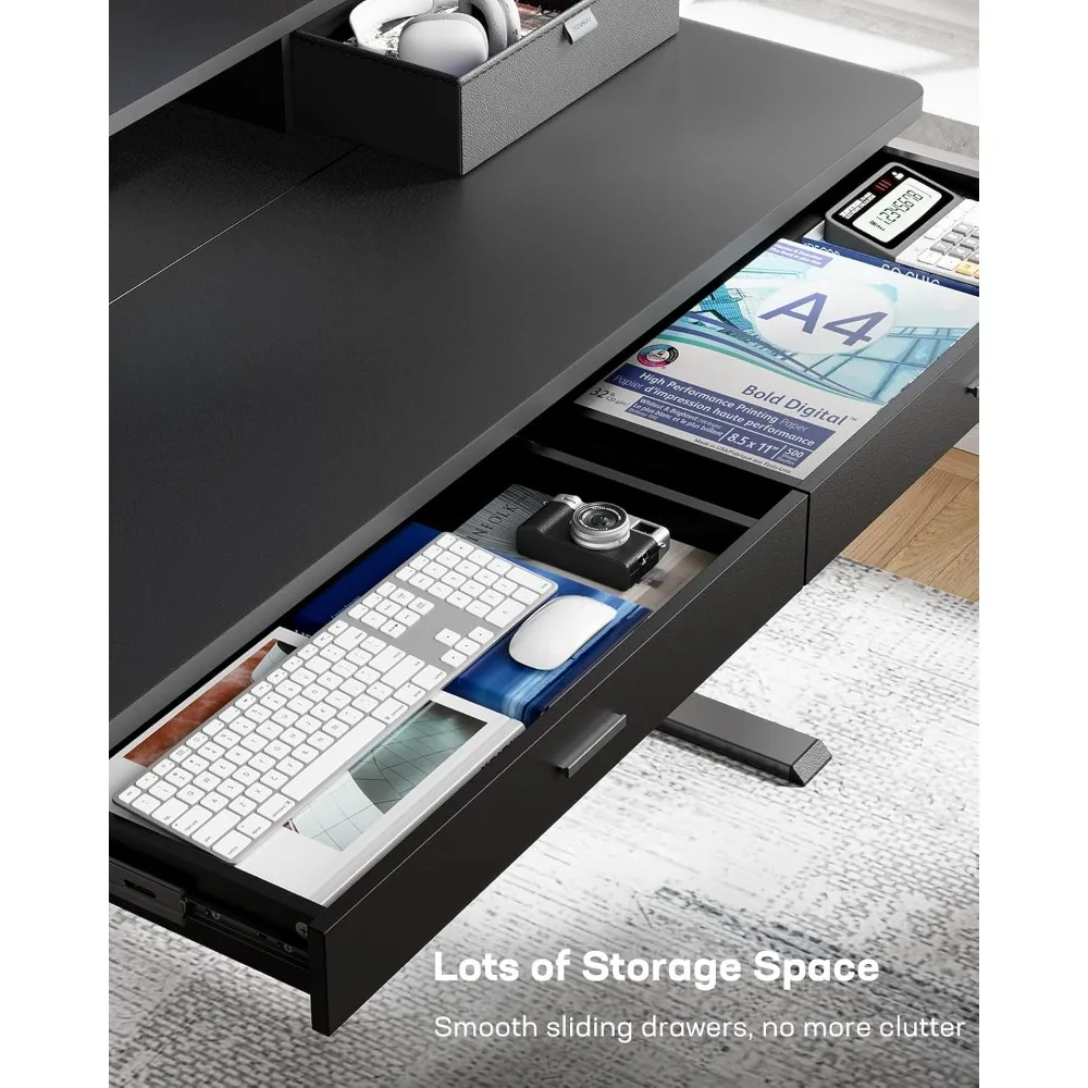 Scrivania ergonomica elettrica ad altezza regolabile con cassetti in legno e contenitore a due livelli per l'home office