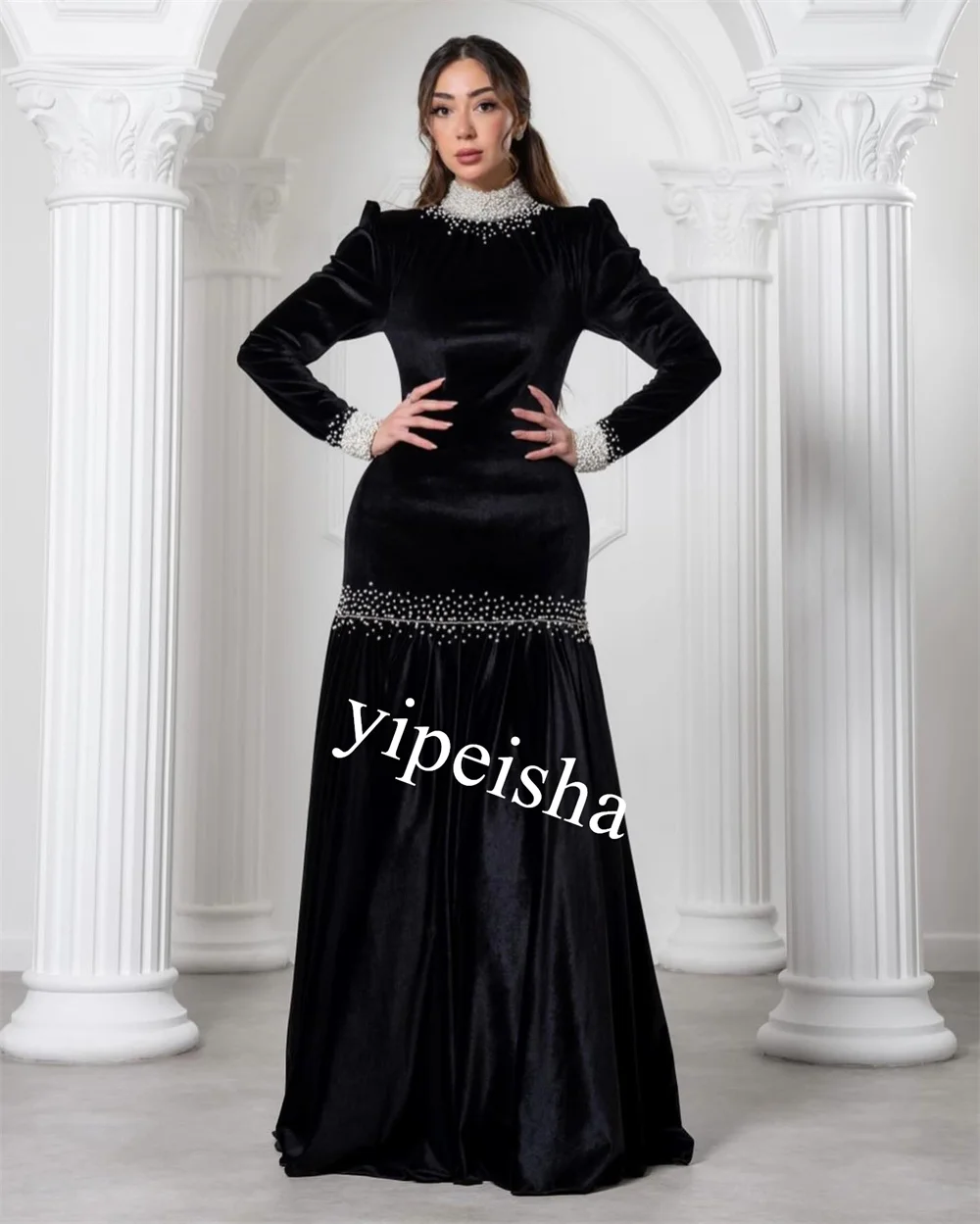 Customized  Ball    Velour Pearl Ruched Mermaid High Collar Bespoke Occasion Gown Long Es Saudi Arabia
