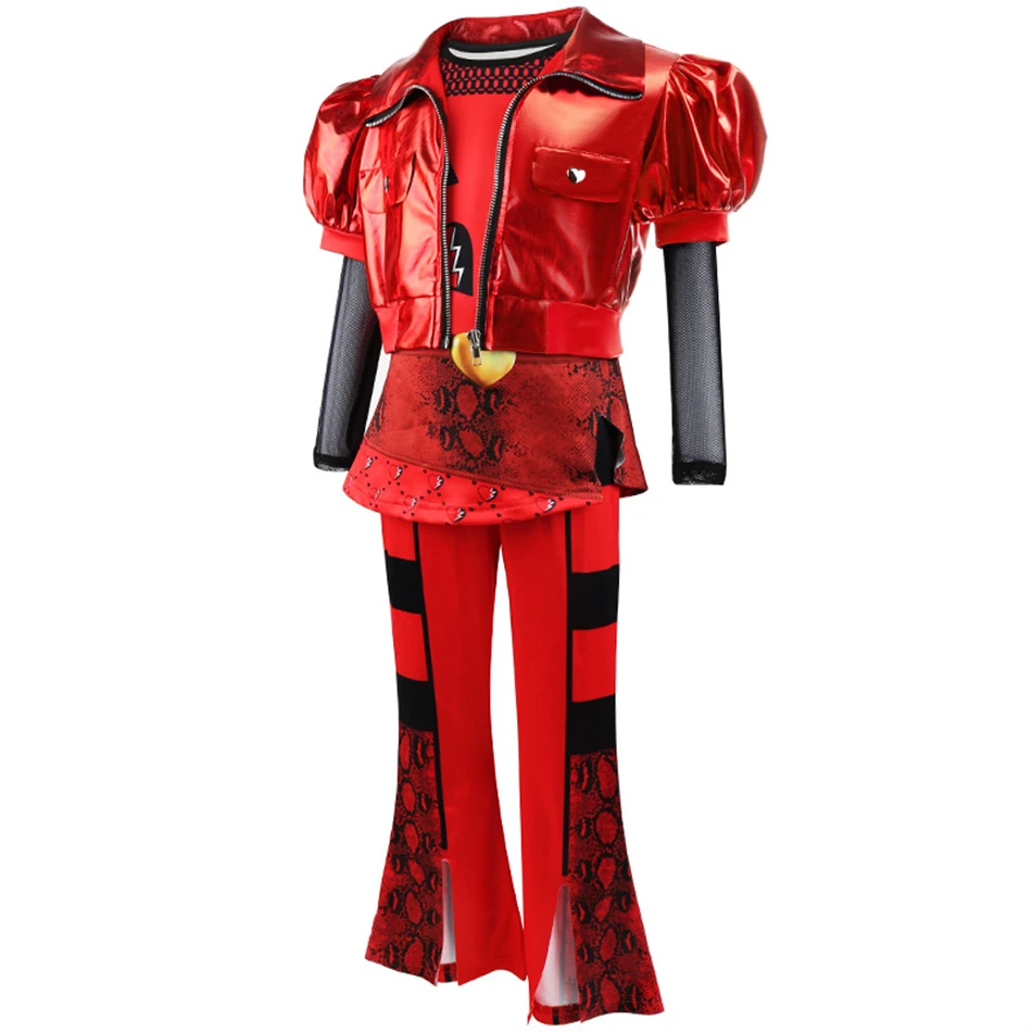 4 Pieces Kids Hip Hop Dance Costume Shiny Red Cropped Puff Sleeve Jacket Snake Heart Print Flare Pant Mesh Arm Sleeves for Girls