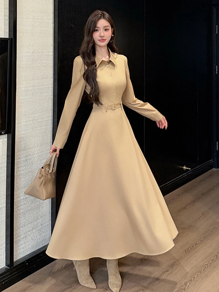 여성 패션 우아한 롱 셔츠 드레스 캐주얼 폴로 칼라 벨트 스윙 맥시 로브 여성 스트리트웨어 작업복 오피스 레이디 신상