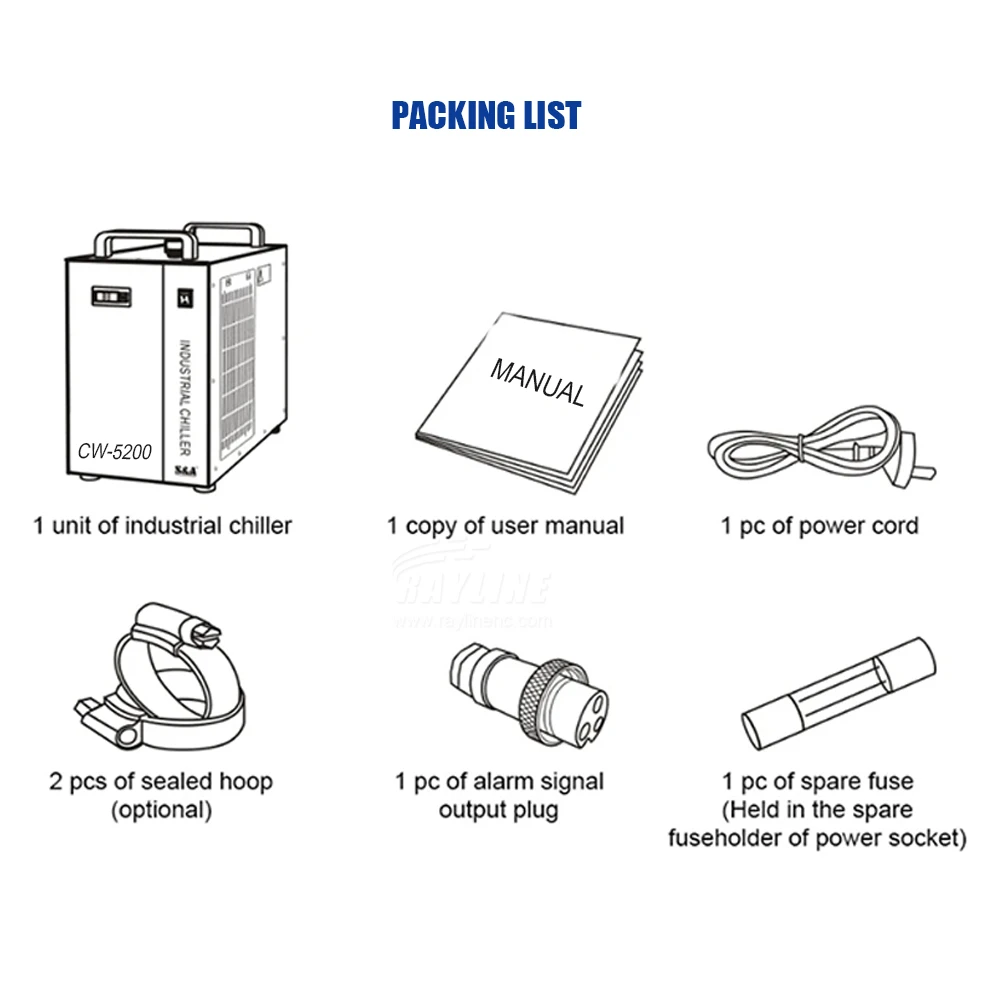 RayLine S&A CW-5200 Przemysłowy agregat wody chłodzącej do maszyny do grawerowania CO2 Chłodzenie 40W 50W 60W 80W Rura laserowa DG110V TG220V