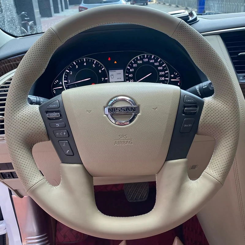 

Hand-sewn Car Steering Wheel Cover for Nissan Patrol Y62 2012-2018 Teana J32 Microfibre Leather on Steering Wheel Braid