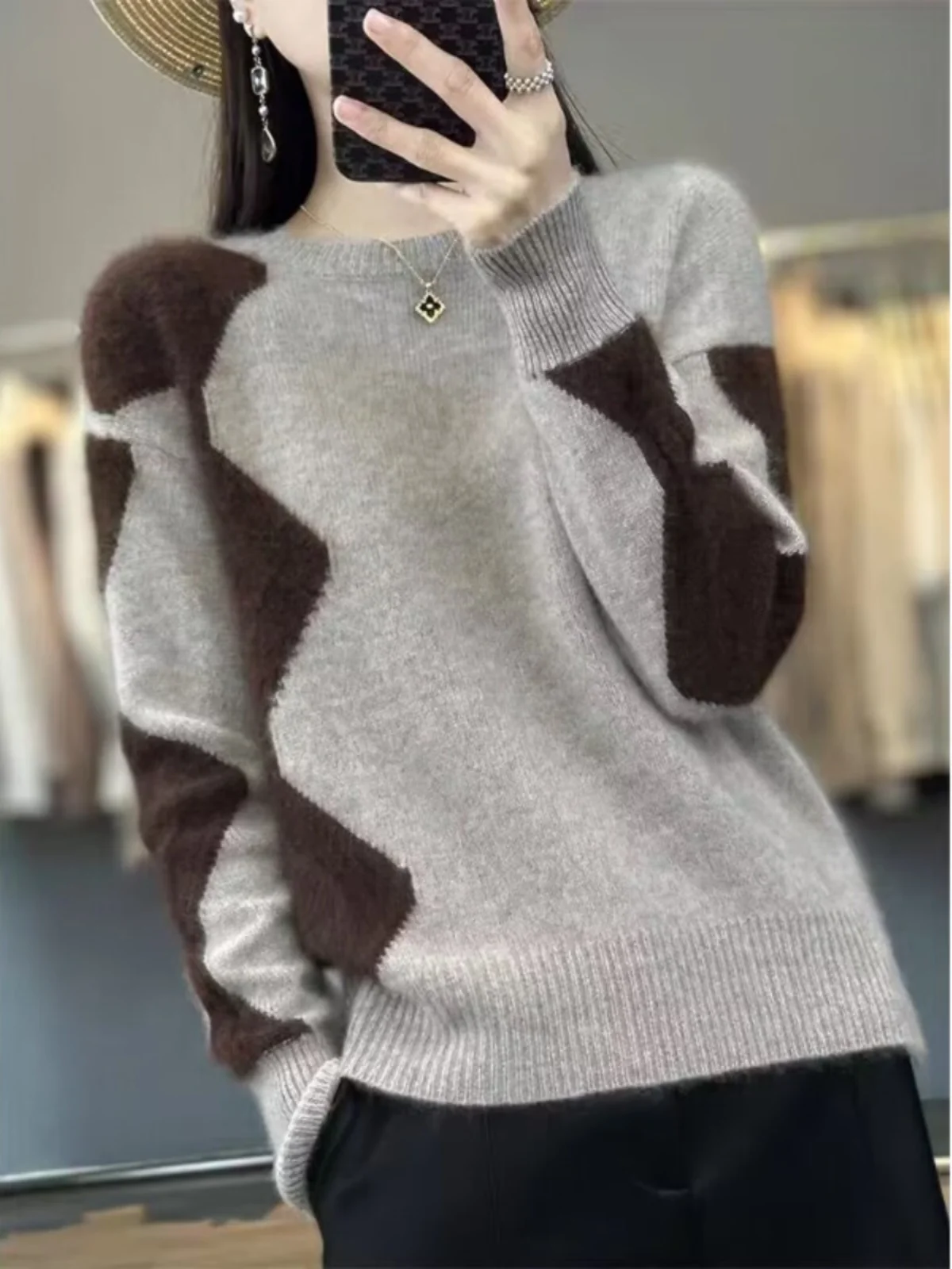 

Модный свитер из аутлет-коллекции с круглым вырезом и длинными рукавами, вязаный, из 100% чистой шерсти, для весенне-осеннего сезона