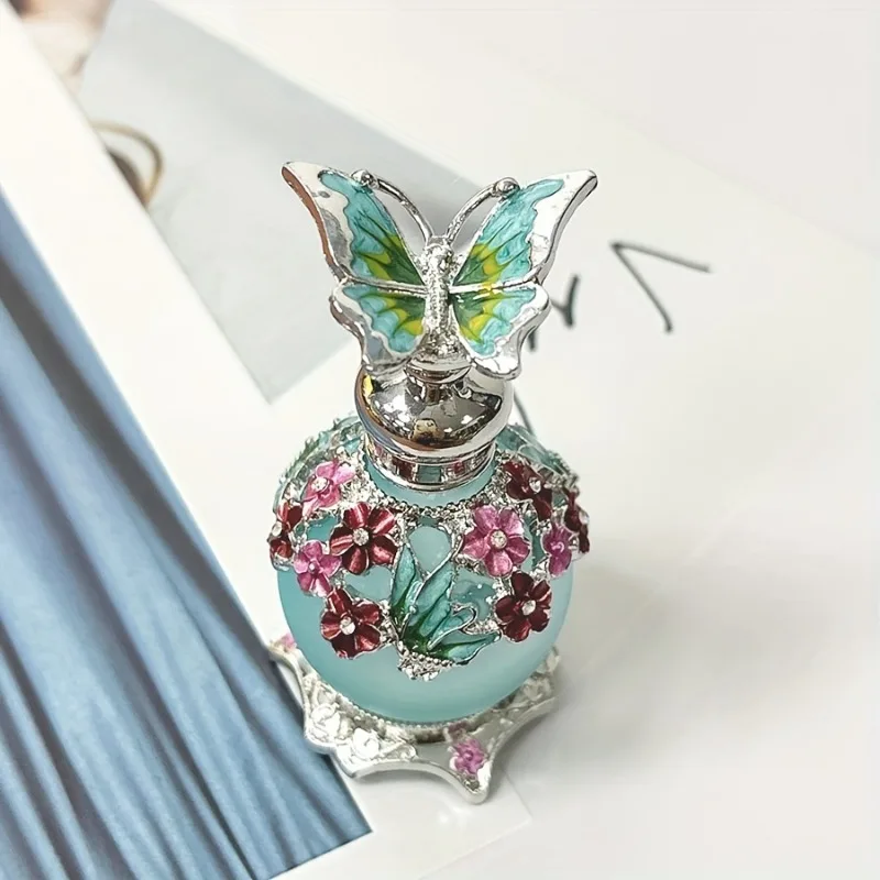 1 Pc 25ml Blue Butterfly Enamel Painted Dropper Glass Bottle Floral Accents Refillable Perfume Storage (Empty Bottle No Perfume)