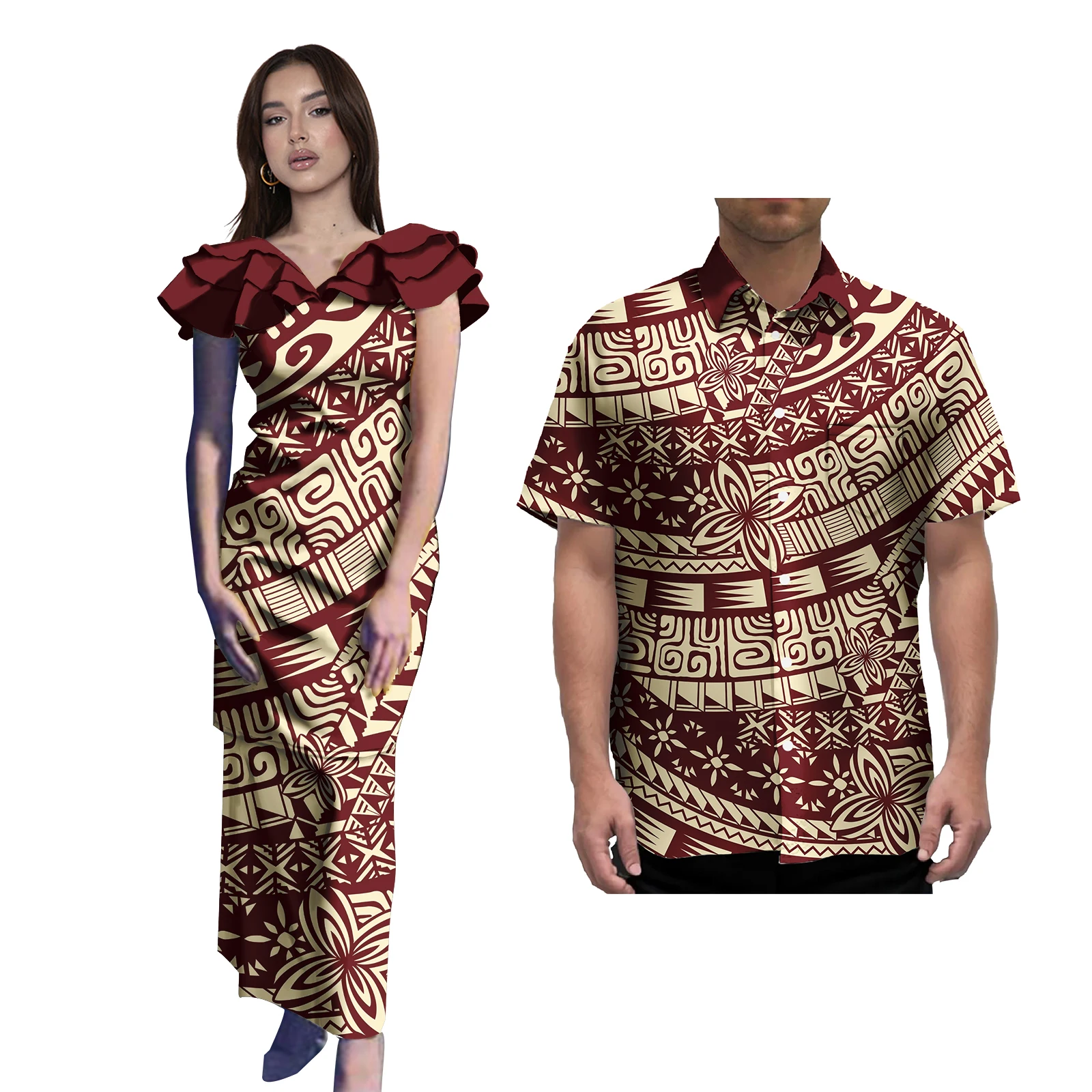 Couples Clothing Men and women  2 piece set clothing  Polynesian Fashion Bodycon Casual Dresses Matching Men Shirt