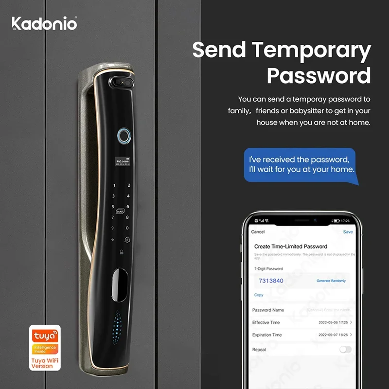 Kadonio Tuya APP WiFi Outdoor 3D Face Recognition Deadbolt Smart Door Lock With Camera Fingerprint Door Bell