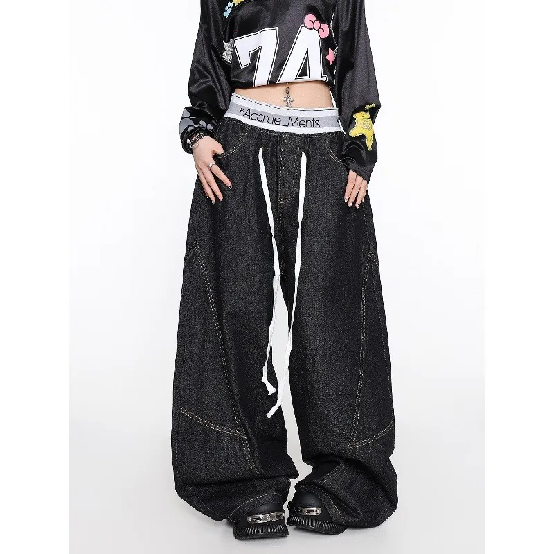 스트리트 스타일 와이드 레그 진 여성용 루즈핏 플로어 길이 댄스 캐주얼 스트레이트 컷 바지 편안한 스트레치 데님 팬츠