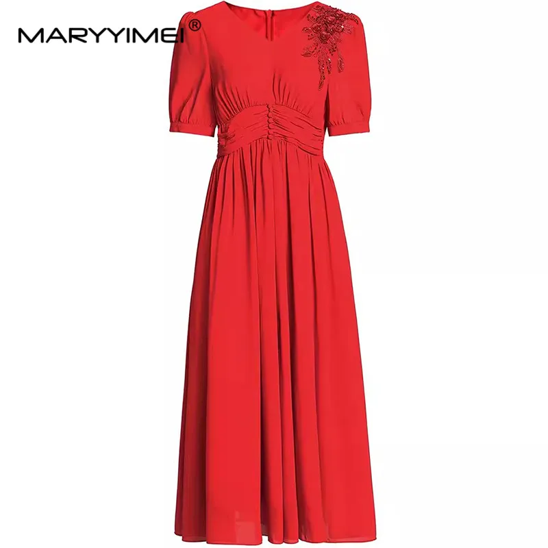 

MARYYIMEI Fashion Designer Summer women's V-Neck Puff Sleeve Beading Embroidery Streetwear High waisted Solid Color Dress