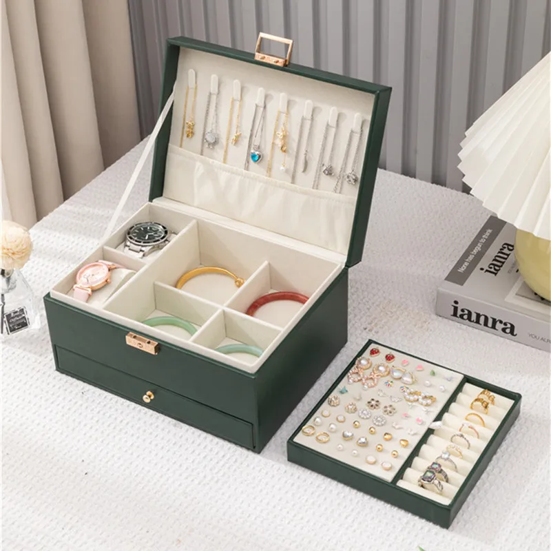 Leather Jewelry Gift Box Jewelry Box with Lock Drawer-Type Multi-Tiered Storage for Necklaces Earrings Bracelets and Rings