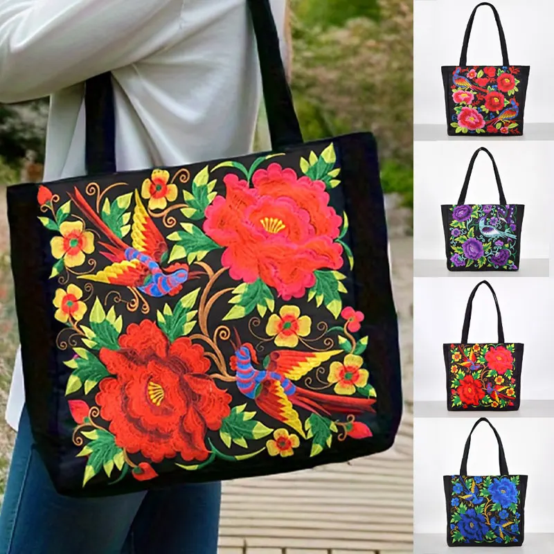 

Ethnic Style Embroidery Shoulder Bag Large Capacity Literary Canvas Bag Retro Peony Tote Shopping Bag