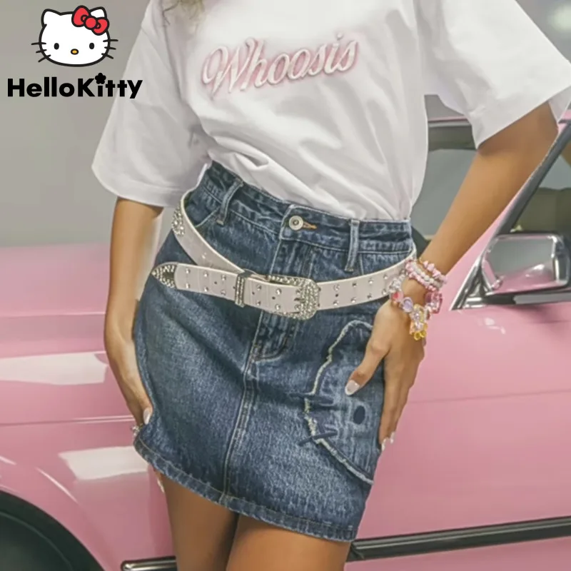 Sanrio Hello Kitty Vintage Women's Denim Skirts Y2k Patch Design Mini Skirt New Summer Girls High Waist Slim Wrap-around Skirt