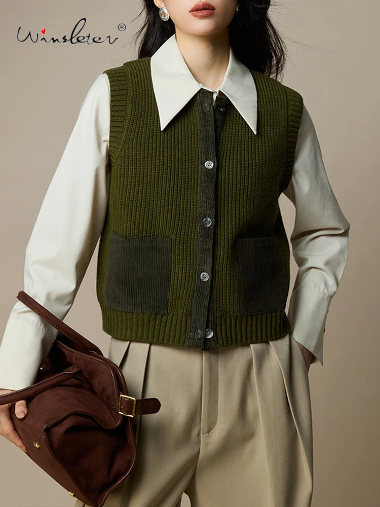 

Winsleter-100% элегантный жилет из овечьей шерсти, вельветовый пэчворк, женский модный вязаный жилет, осенняя новинка 202, T5N144CC