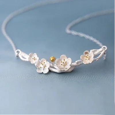 REETI 925 Sterling Silver Necklaces Plum Flower Pendants&Necklaces Jewelry Collar Colar de Plata