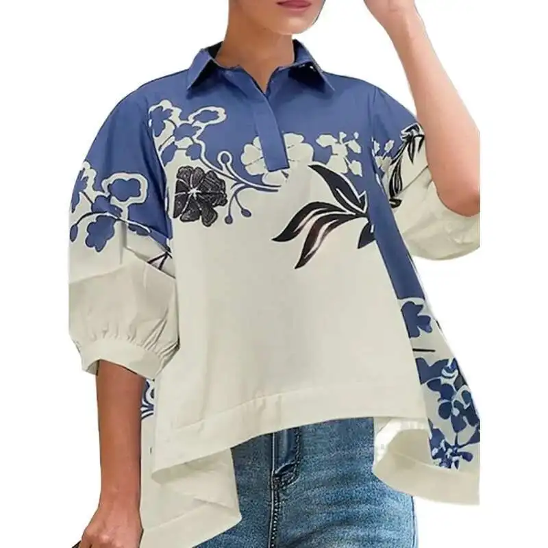 BabYoung ฤดูร้อนผู้หญิงเสื้อและเสื้อ 2025 ฤดูใบไม้ผลิสูง-ต่ําดอกไม้พิมพ์ Lapel Leisure อินเทรนด์ครึ่งแขนเสื้อผู้หญิง
