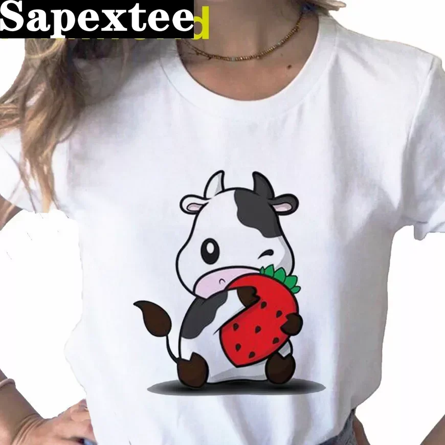

Cute Funny Strawberry Cow Animal Print Ladies Top T-shirt Casual Basics O-collar White Shirt Short Sleeve Lady T-shirt,Drop Ship