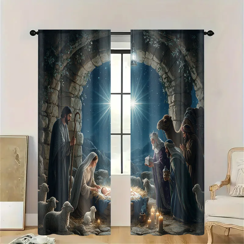Nativity Christmas Window Curtain Drapes Christian Art Three Wise Men Jesus Stable Scene Holiday Home Decor Semi-Sheer Window Pa