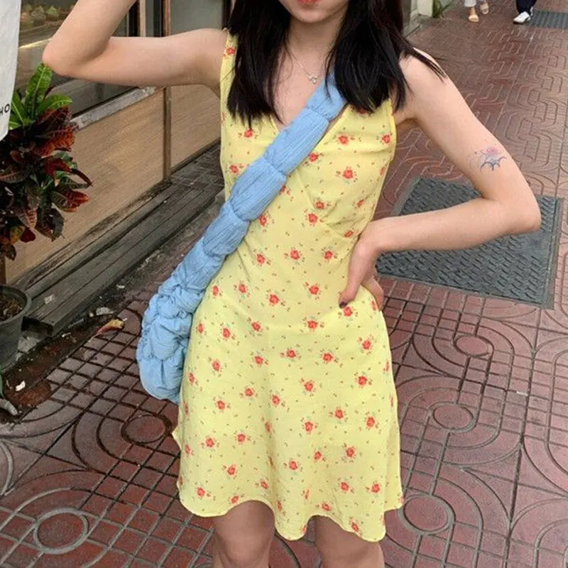 

Women's Clothing French Yellow Floral Dresses Sleeveless V-neck Summer Waist Fashionable Drawstring A-line Vintage Mini Dress
