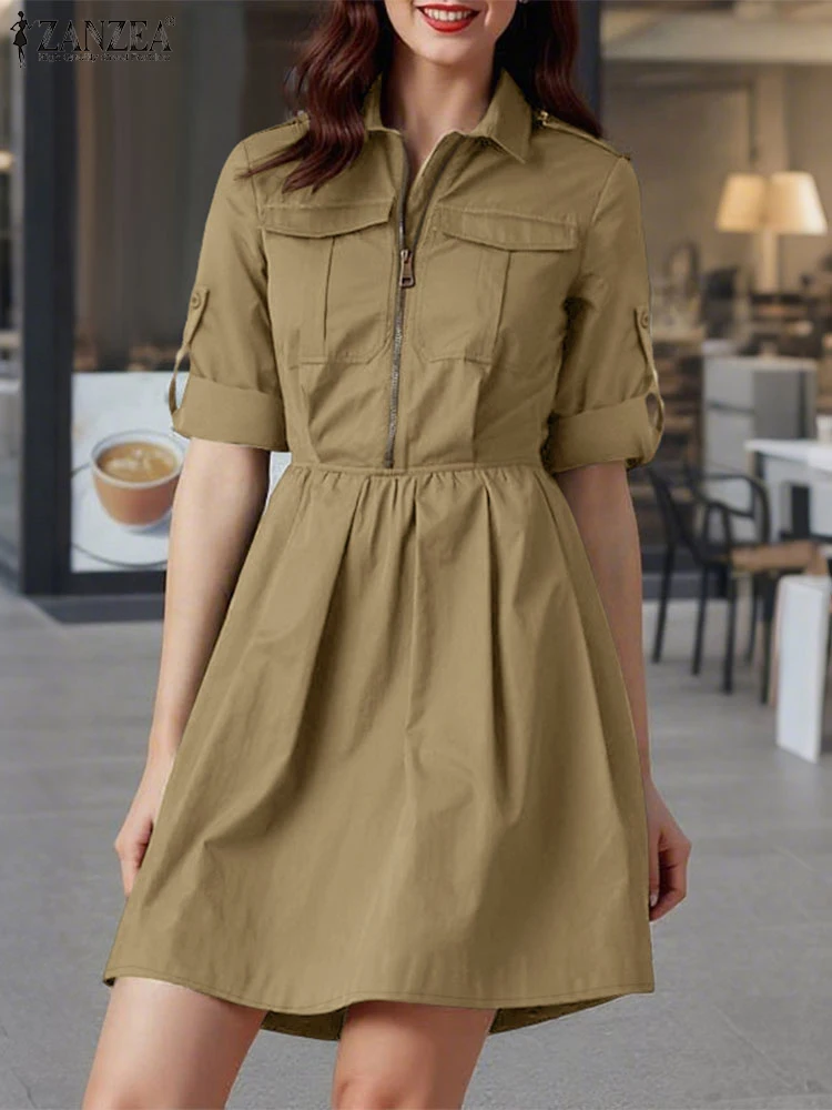 Zanzea feminino camisa longa vestido de carga verão manga longa mini vestido de verão 2025 moda solta zíper lapela sólido curto casual vestidos