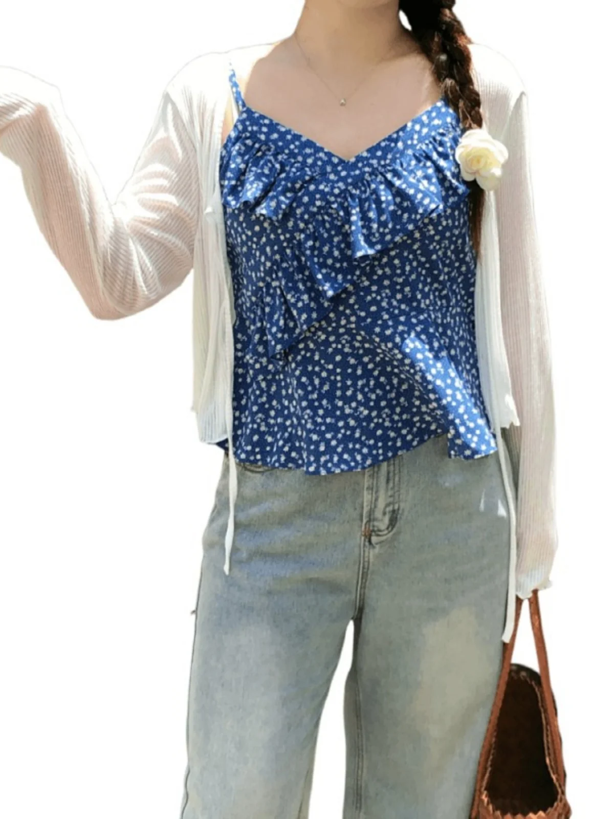 

plus Size Slimming Vest Top Floral Print V-Ne Bell Sve Sun Protection Summer Two-Piece Set Women's Korean Sle Loose Fit