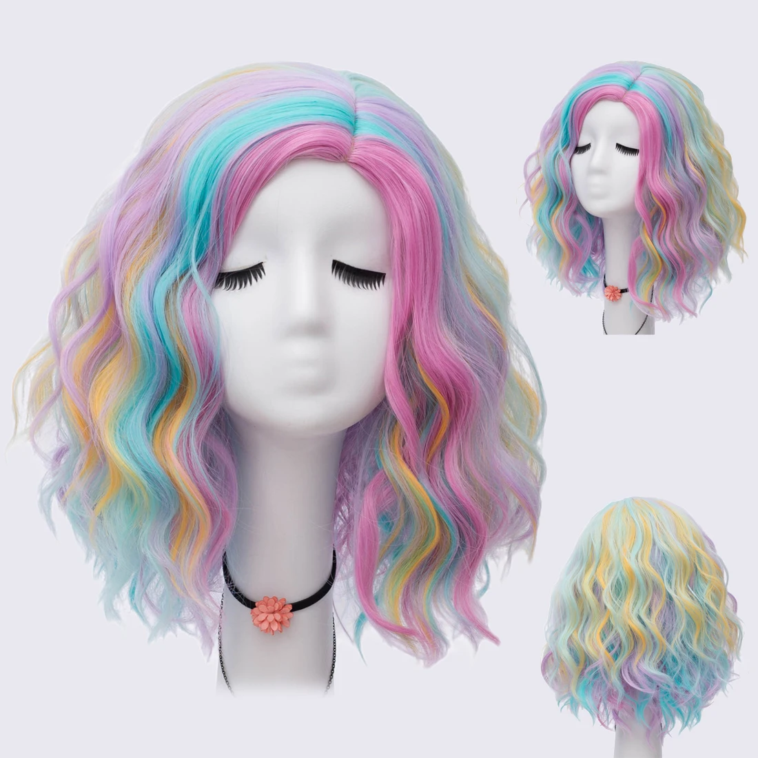 GAKA capelli sintetici ricci da donna Cosplay parrucca arcobaleno colorata di Halloween fibre resistenti al calore