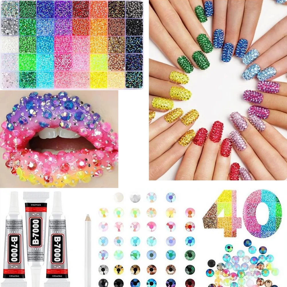 40 Grid AB Color Nail Rhinestones+ B-7000 Glue Set,Multi-Purpose DIY Craft Kit for Nail Art Phone Case Clothing Shoes Decoration