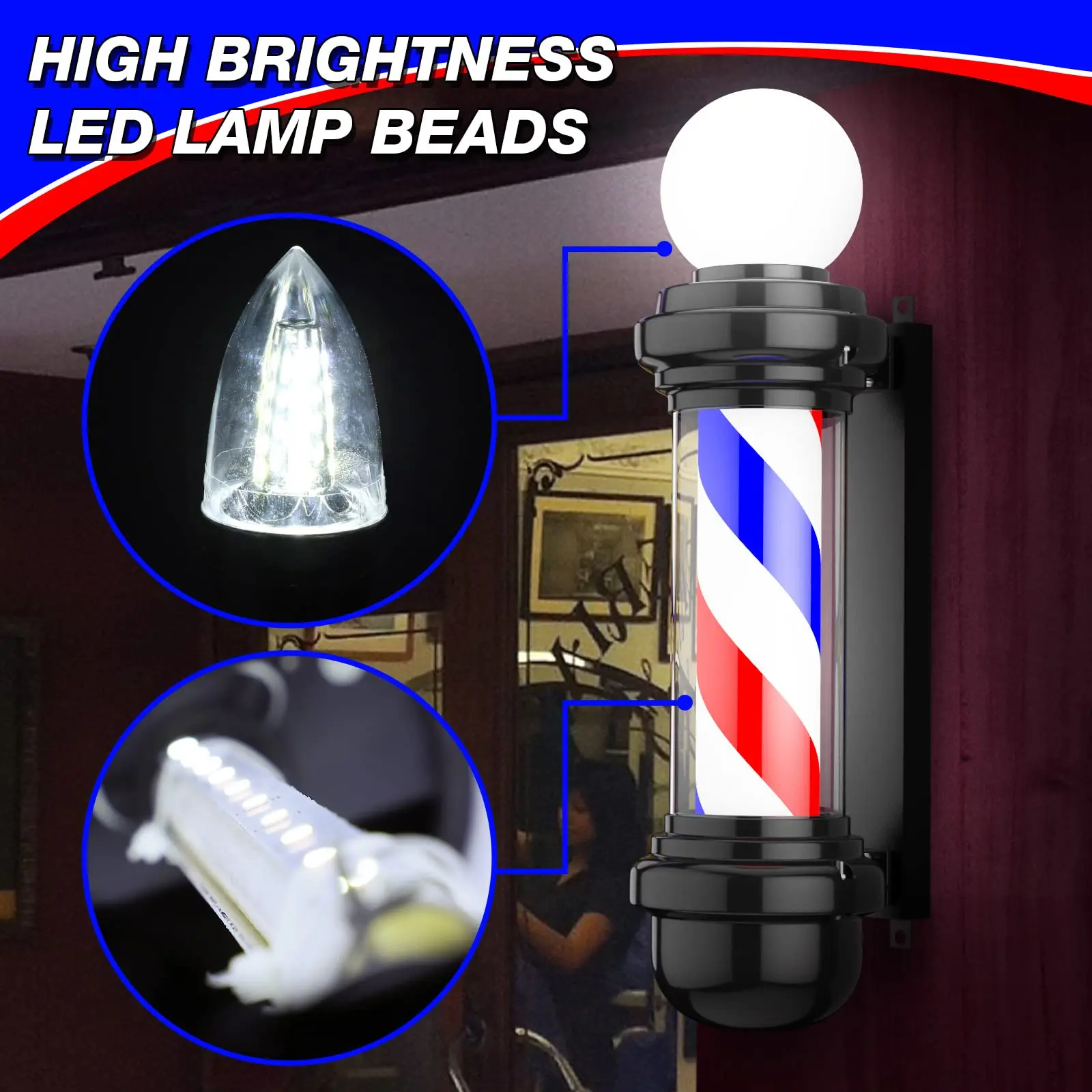 Barber Pole Light Cylindrical Hair Salon Barber Shop Classic Open Signboard Sign High Quality Wall Mounted LED Rotating Light