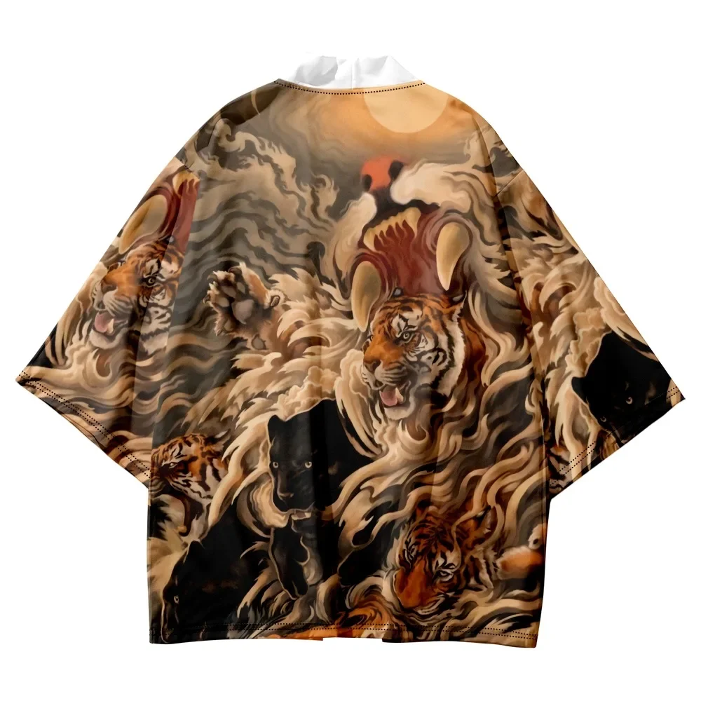 أزياء الكرتون النمر طباعة كيمونو عارضة الشاطئ سترة قمم النساء الرجال تأثيري Haori الملابس الآسيوية