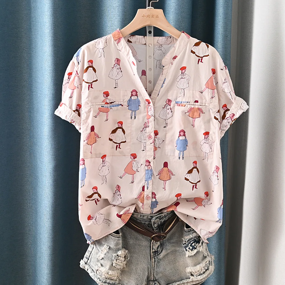 ใหม่2025ฤดูร้อนผ้าฝ้ายแขนสั้นเสื้อผู้หญิงVคอการ์ตูนพิมพ์, Moriสาวสบายๆลดอายุเสื้อหลวมT54041CC