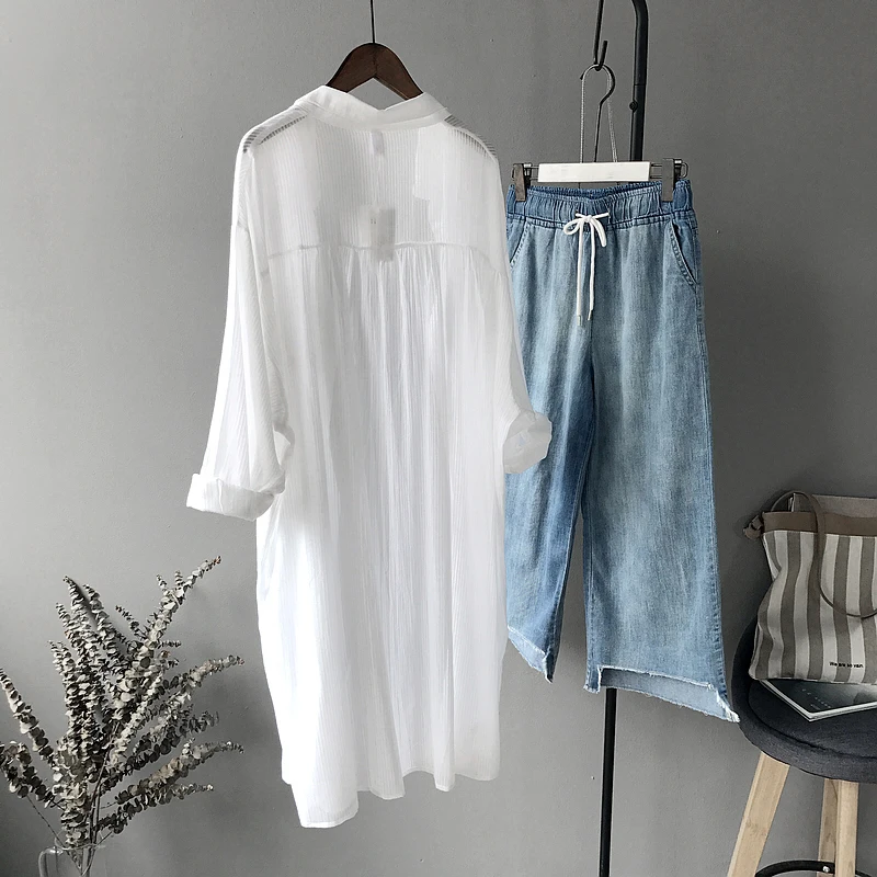 Long White Shirts For Women 2024 Summer New Loose Long-Sleeved Casual All Match Female Outwear Coat Tops