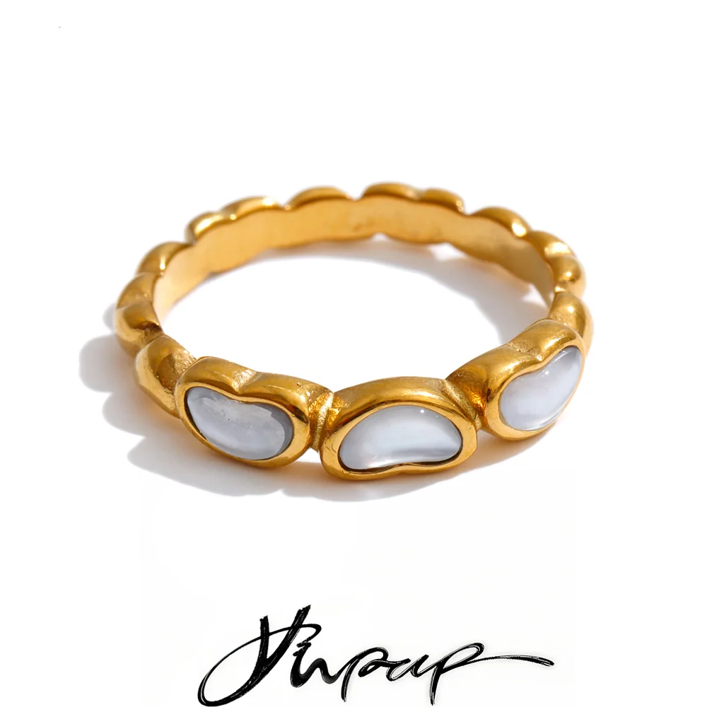 Yhpup Size 6789 Stainless Steel Natural Shell Heart Love Ring PVD Plated New Arrivals Popular Modern Jewelry Gift