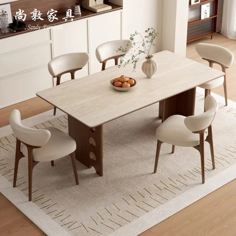 Medieval travertine rock slab dining table rectangular walnut solid wood designer simple retro high-end dining table