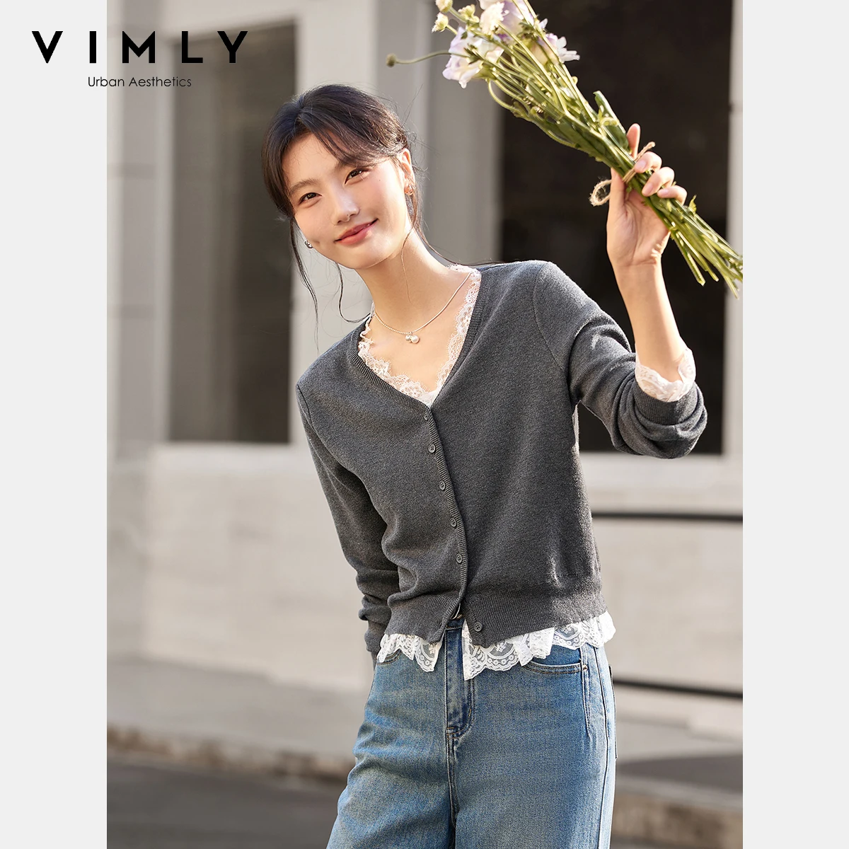 

VIMLY Cardigan Women Knitted Long Sleeve V-neck Casual Autumn 2025 Lace Splicing Hem Cardigan Elegant Strecth Lady Sweater 75059