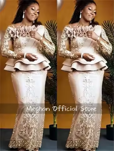 Champagne Appliques Aso Ebi Evening Dresses Tiered Birthday Dress Women 2024 Full Sleeve Special Occasion Gown Customized