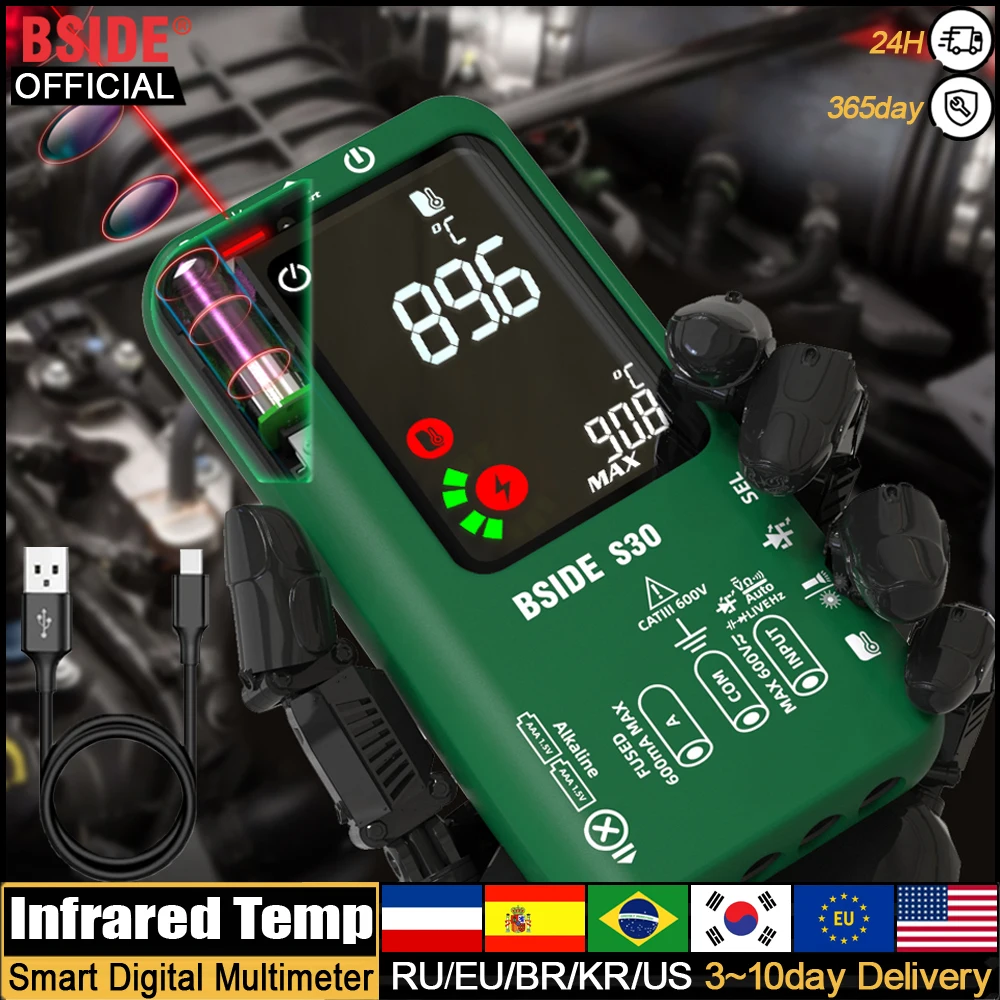 BSIDE Digital Multimeter Smart Infrared Temperature 15V Diode LED Tester True RMS 9999 DC AC Voltage Rechargeable Multiteter DMM