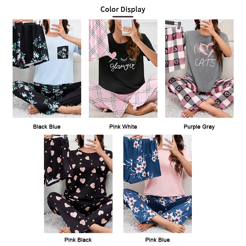 Autumn Women Heart Print Pajama Soft Comfort Nightwear & Loungewear Short Sleeve Top with Shorts & Long Pants Pajamas 3 Pieces