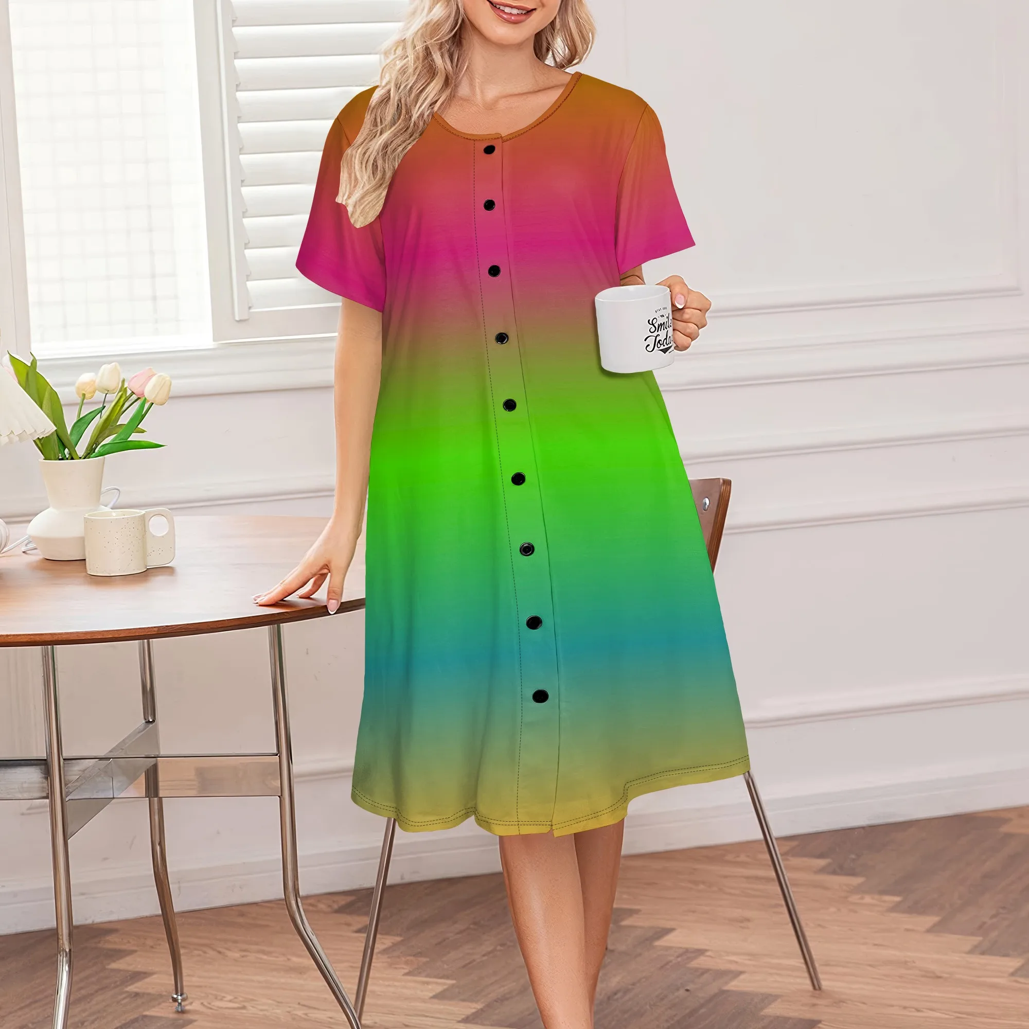 

Women's Summer Dress Ombre Print Round Neck Button Loose Breathable Midi Skirt for Wedding Guests Outdoor Concert Beach