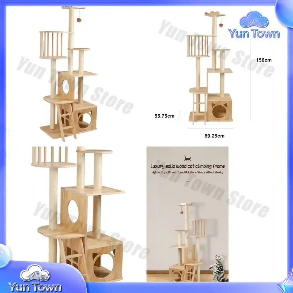 Moderner Massivholz-Katzen-Kletterbaum mit Nest und Leiter, Sisal-Kratzbaum, Freistehende Haustier-Spielzeuge für Katzen