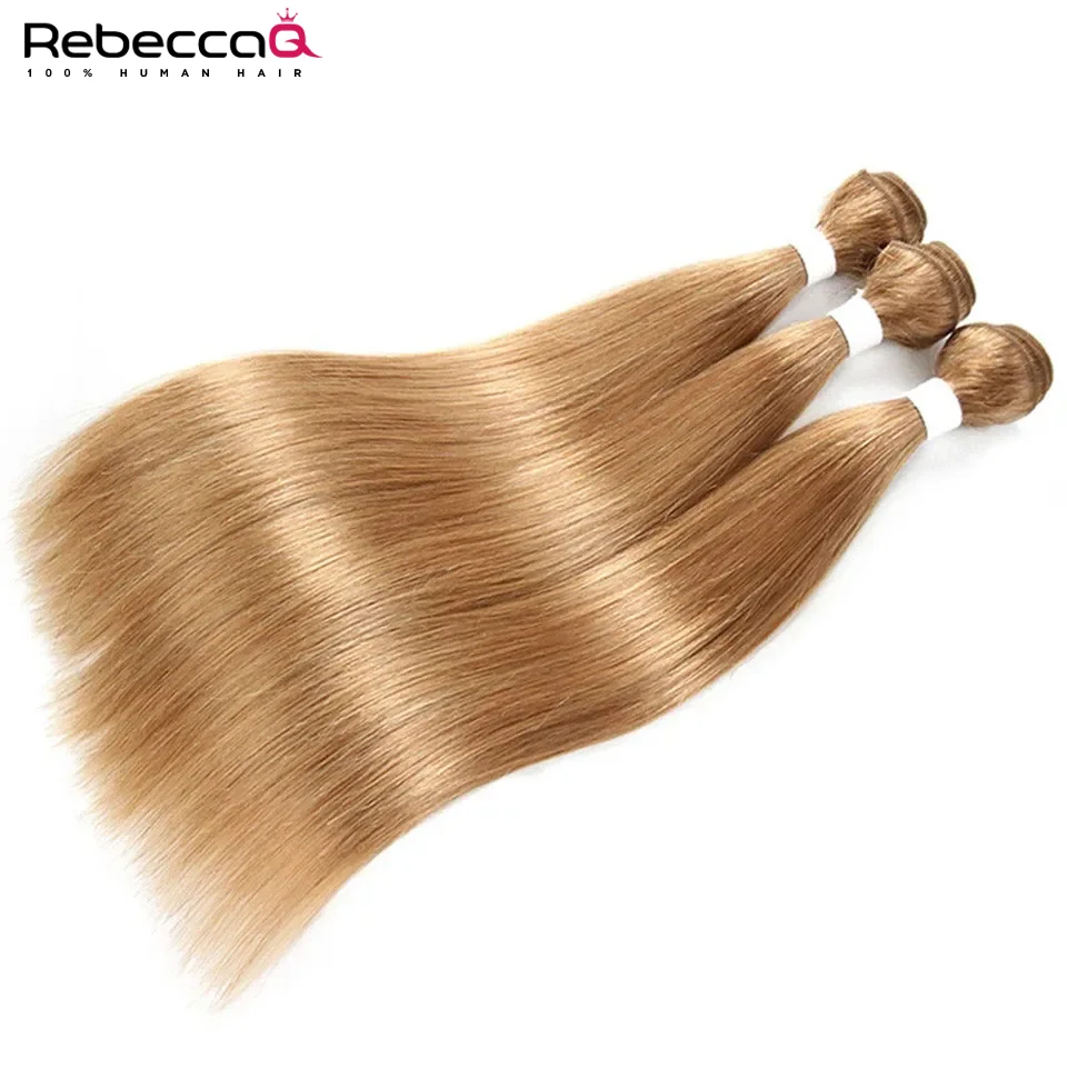 Rebecca Queen #27 Honey Blonde Human Hair Extensions Remy Hair Weave Pre-Colored Brazilian #27 Straight Bundles Hair Weaving