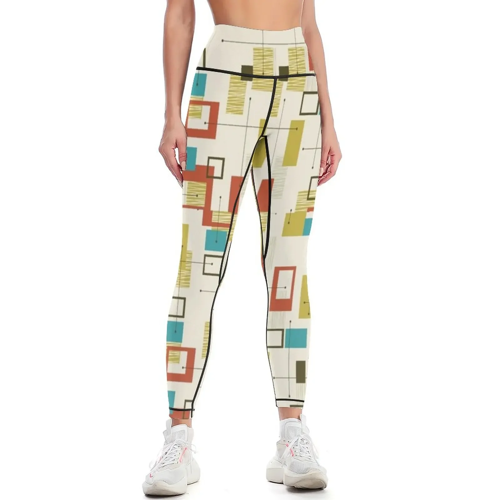 

Женские леггинсы в стиле ретро, середины века, атомарный стиль, абстрактные, бирюзово-оранжево-оливково-зеленые, спортивный комплект, женские леггинсы