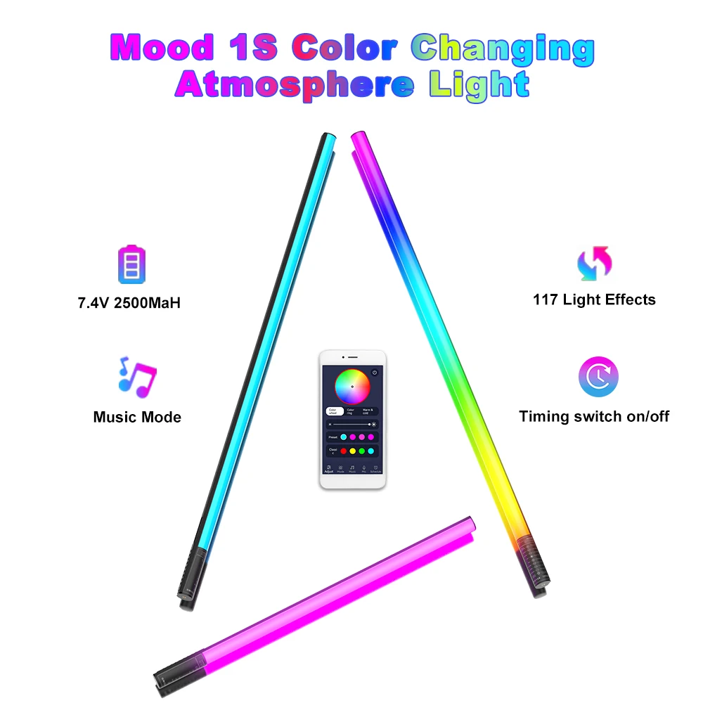 LUXCEO 2-pack 120cm RGB Mood Light Bluetooth APP Control LED Atmosphere Lamp Stick for DJ Lighting/Dance Club/Photo Studio/Party