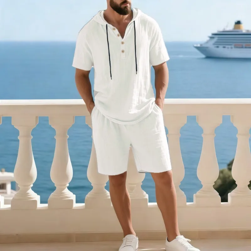 

Мужской летний комплект из льняной смеси: топ с капюшоном и короткими рукавами, шорты на шнурке