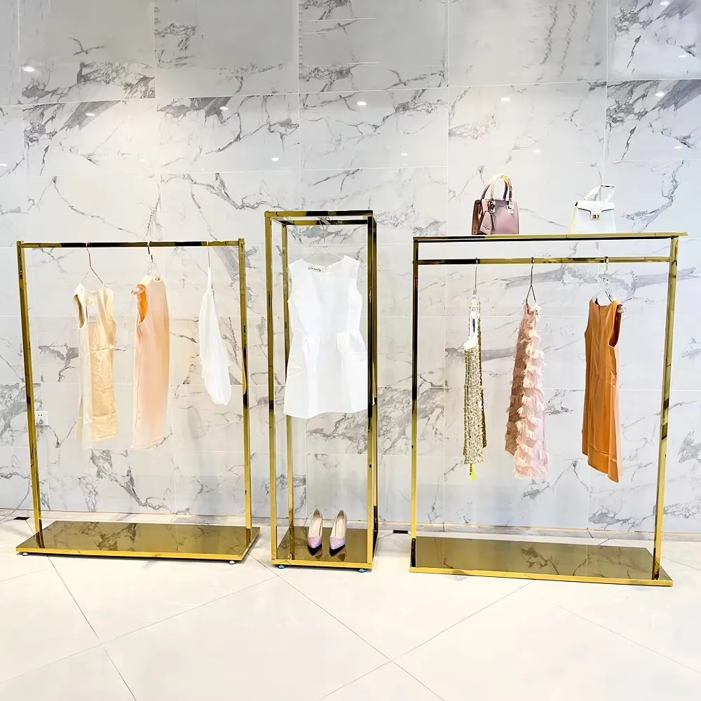 High Quality Garment Store Gold Display Shelving Furniture Clothing Display Rack Stand Design With Top Shelf