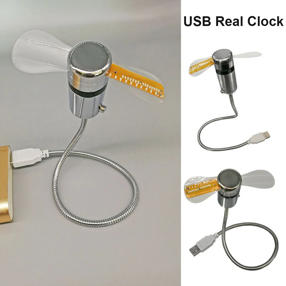 LED Clock Fan Time Temperature Display Mini Cooling Flashing Fan USB Powered Flexible Gooseneck LED Clock for Laptop PC Notebook