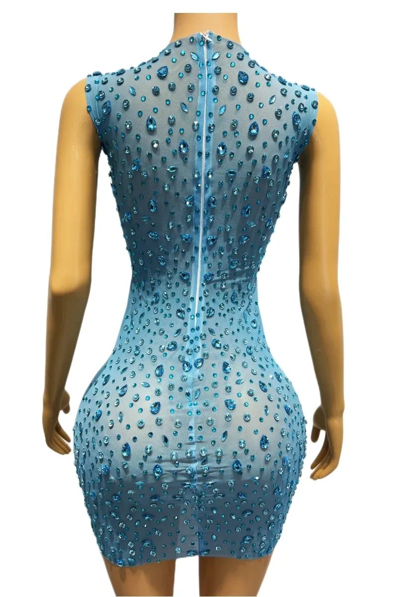 Blue Rhinestones Transparent Mesh Tight Short Dress For Women Evening Celebrate Birthday Party Performance Stage Costume