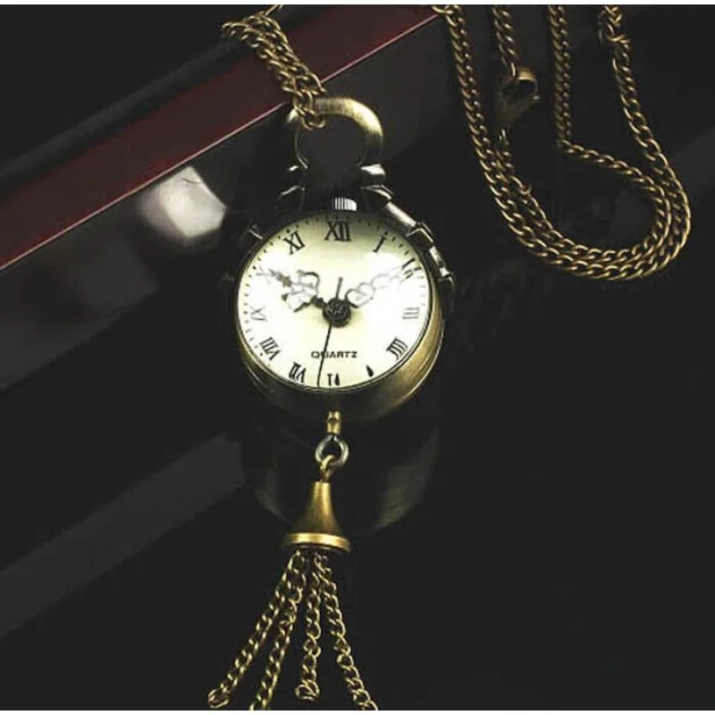 Woman Watch Vintage Style Bronze Tone Case Quartz Ball Glass Pocket Watch Necklace Chain