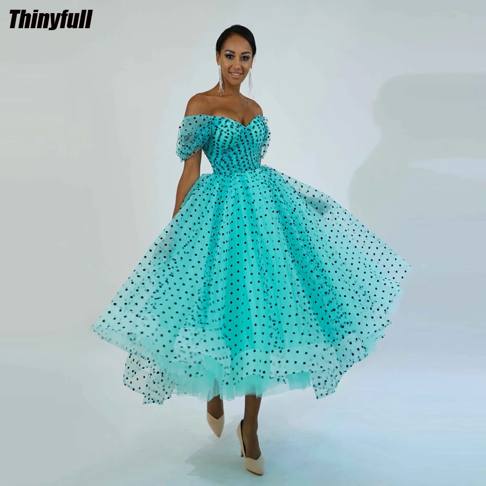 

Thinyfull A-line Polka Dots Tulle Prom Dresses Sweetheart Off Shoulder Girl Evening Gowns Tea Length Formal Birthday Party Dress