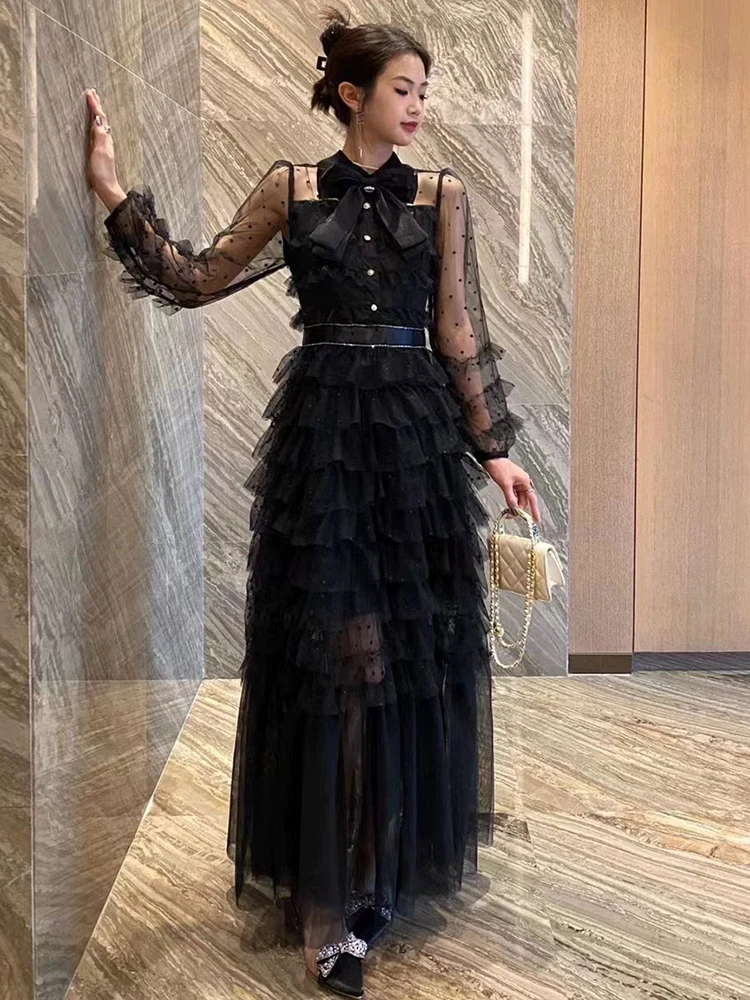 DEAT Elegant Dress Bowknot O-neck Multilayer Gauze Diamond Decoration Women\'s Evening Party Dresses 2024 Autumn New Tide 35Z1188