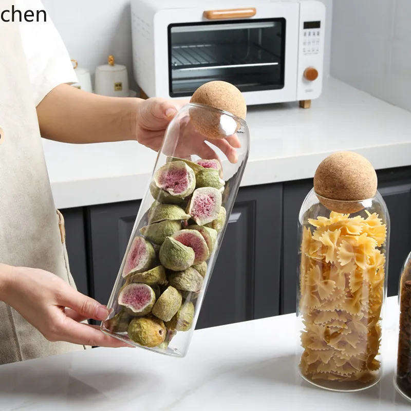 YFY glass sealed tea canister - round ball cork stopper, straight tube storage bottle, jar - airtight & freshness-preserving
